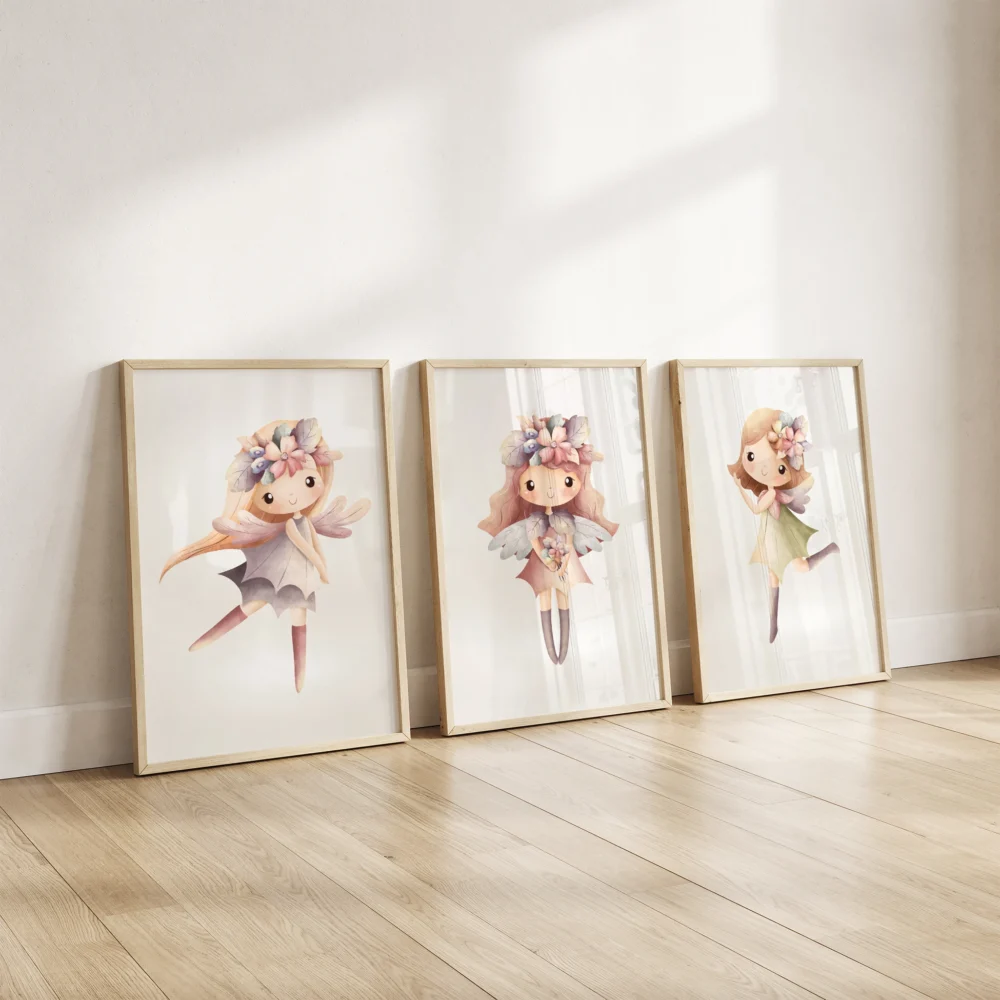 Feeën poster set van 3 voor babykamer en meisjeskamer in zachte pastelkleuren